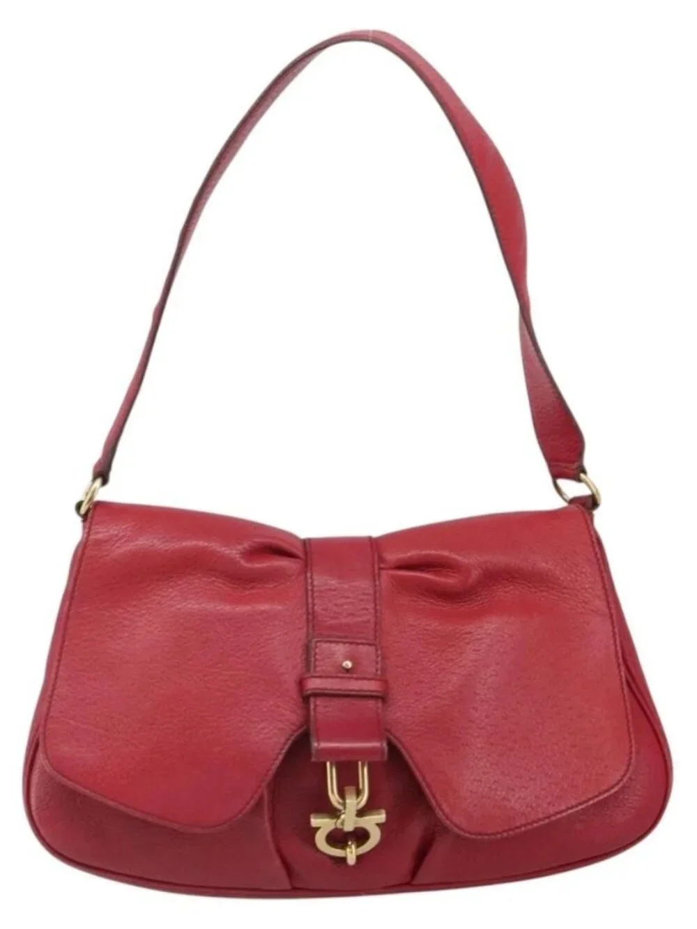 Salvatore Ferragamo Gancini Shoulder Bag Leather Red Gold Auth 166427